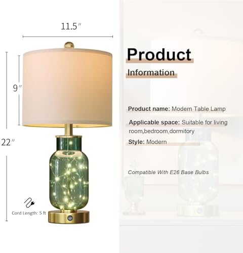 Oneach 22" Glass Table Lamps Set of 2 with Night Light for Bedroom, Green - Image 5