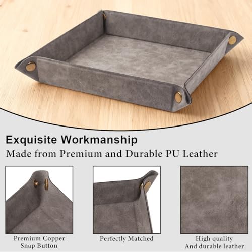 Valet Tray Desktop Storage Organizer – Premium PU Leather Catchall Bedside Vanity Tray Nightstand Caddy Holder for Remote Controller, Keys, Phone, Wallet, Coin, Jewelry,Grey - Image 4