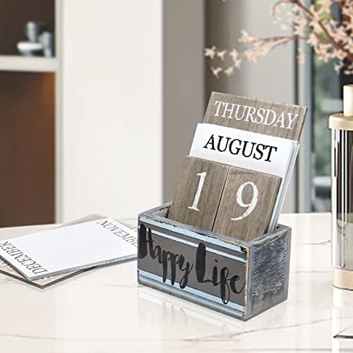 Notakia Perpetual Calendar Wooden Calendar Blocks Vintage Wood Block Calendar for Home Office Desk Accessories Week Month Date Display (Happy Life) - Image 7