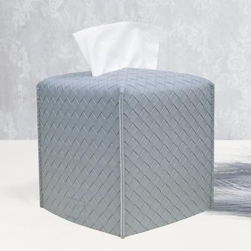 HOMOTEK 1 Pack Tissue Box Cover, Square PU Leather Tissue Holder, Decorative Facial Tissue Cube Paper Organizer Dispenser for Bathroom, Night Stands, Desk, Car 5X5X5'' - Woven Waffle,Light Gray by HOMOTEK