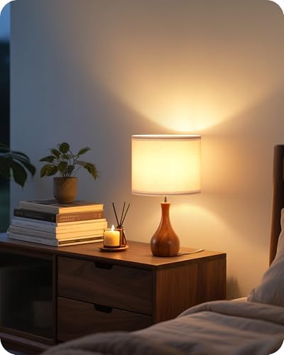 Small Table Lamp, Wood Bedside Lamp with White Linen Lampshade & Dark Wood Base, Mid Century Modern Nightstand Lamp for Bedroom, Living Room, Kid's Room, Dorm Room, E26 Socket, LW09TL05 - Image 2