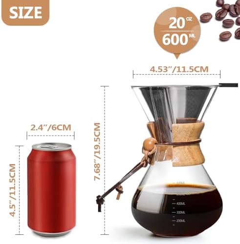 Pour Over Coffee Maker 20 OZ, 6 Cup Borosilicate Glass Drip Coffee Maker with Reusable Stainless Steel Filter and Cork Grip for Home Café 600 ML - Image 4