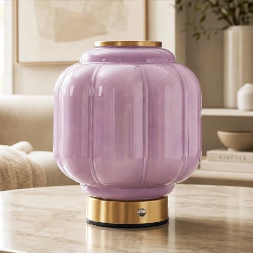 Mushroom Lamp, Cordless Rechargeable Table Lamp with Brass Base & Purple Glass Shade, 4W Dimmable Bedside Table Lamp, Small Vintage Desk Light for Mid Century Modern Home Decor (Purple) by Unknown