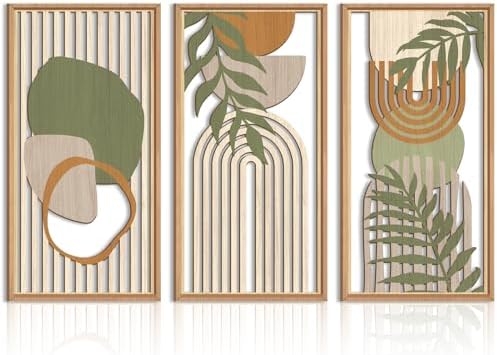 IARTTOP Large Boho Mid-Century Modern Wood Wall Art 16x32 Inch Framed Green Abstract Leaf Wooden Wall Decor Bohemian Minimalist Geometric Wall Art Decor for Bedroom Living Room Office Set of 3 by IARTTOP