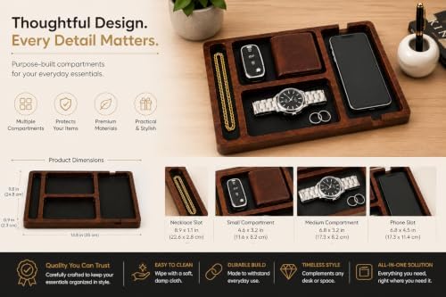 Desk Organizer Tray for Men with Ceramic Pen Holder, Wooden Valet Tray, Minimalist EDC Desk Organizer for Phone, Wallet, & Keys, Nightstand Bedside, Entryway, (Natural) - Image 7