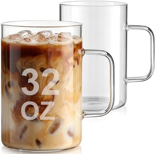 2 Pack 32 oz Extra Large Glass Coffee Mugs Borosilicate Cups with Handle by Yetene