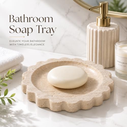 Koville 5.51" Travertine Tray, Natural Stone Trinket Dish for Ring Perfume, Round Scalloped Decorative Tray for Bathroom Vanity Dresser Countertop, Home Table Decor - Image 3