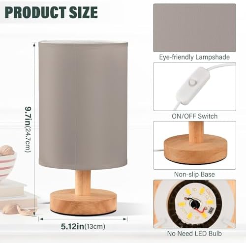 DOMIKING Tranquil Gray Pattern Bedside Table Lamp for Bedroom Small Lamps for Nightstand Lamp with Fabric Lampshade LED Table Lamps for Living Room Office Dorm Home Nursery - Image 3