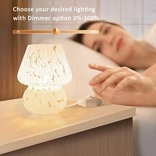 ONEWISH Mushroom Lamp Small Bedside Table Lamp-Nightstand Nightlight Dimmable Stepless, Translucent Glass White Desk Lamp for Bedroom Dorm Living Kitchen, Murano Style Aesthetic Cute Home Decor - Image 2