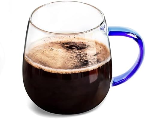 Clear Glass Mug with Handle, Blue Handle/16 oz, high borosilicate glass mug for large glass coffee cups with handles, beverage mugs with handles, or as a gift!… by MAQQL