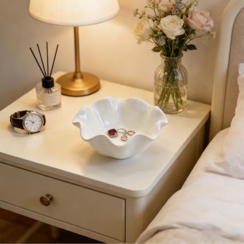 White Flower Jewelry Dish, 3.5″ Lotus Jewelry Bowl Ring Holder, Ceramic Jewlery Tray Cute Vanity Nightstand Bathroom Room Decor Trinket Dish Valentine's Friendship Birthday Gifts for Women Mom - Image 5