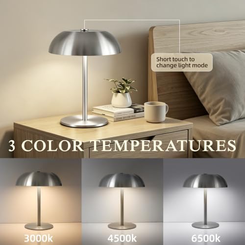 Portable LED Mushroom Table Lamp, 24H Cordless Metal Night Light with Rechargeable Battery, Stepless Dimmable 3 Colors Desk Lamp for Bedroom Bar Coffee Shop(Brushed Silver) - Image 2