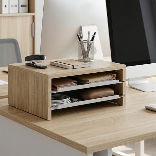 Fenge 14.3-Inch Monitor Stand with Slide-Out Trays, Wood & Metal Desk Shelf - Image 6