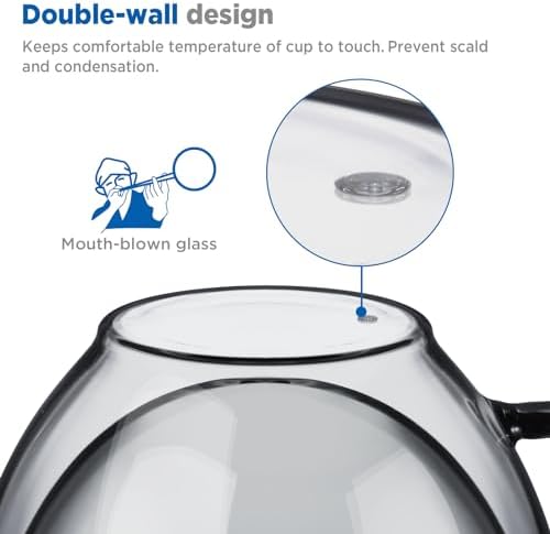 ecooe Black Double Walled Glass Coffee Mug 12 oz Cappuccino Cups Set of 2 - Image 4