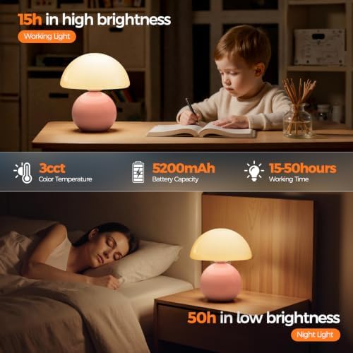 NIORSUN Mushroom Lamp Table Lamp for Bedroom, Portables Cordless Table Lamp,Wireless lamp,Small Bedside Table Touch Lamps for Living Room,Mini Mushroom 5200mAh Battery Operated Lamp Modern Pink - Image 5