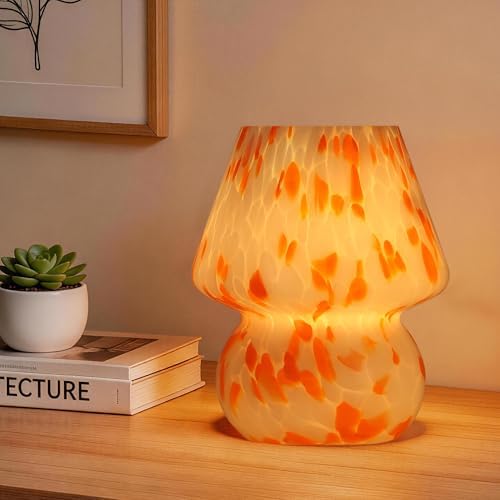 Mushroom Lamp with LED Bulb, Small Glass Bedside Lamp, Orange&White by Unknown