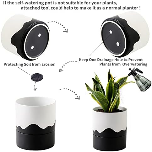 Nihow Ceramic Self Watering Plant Pot for Indoor Plants,6 Inch,White Black - Image 4