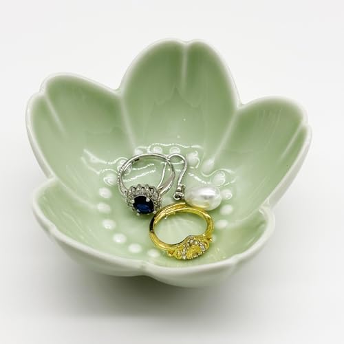 Ceramic Flower Ring Dish, Small Decorative Jewelry Tray, Trinket Tray for Bathroom Nightstand, Gift for Women (Green) by BESSKON