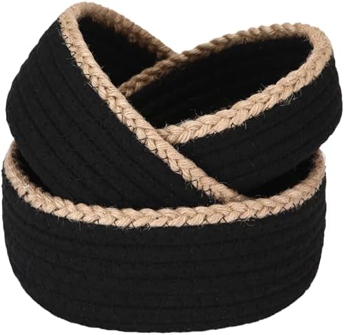 Sea Team 3-Pack Compact Nesting Woven Cotton Rope Storage Baskets, Black by SeaTeam