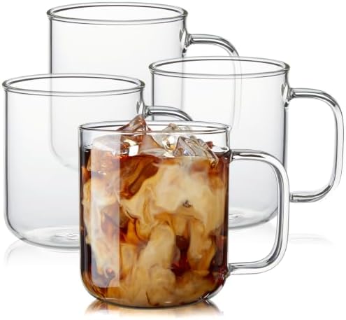 Glass Coffee Mugs, 14 oz Ice Coffee Cups Set of 4, Large Clear Tea Cups, Glass Mugs with Handles for Hot Beverages, Glass Cups for Latte, Cappuccino, and Tea by BWODYAY