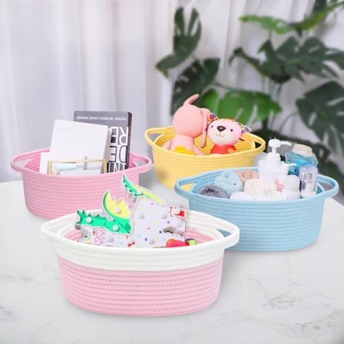ABenkle Small Basket with Handles, Boho Decorative Rope Woven Dog Cat Toy Storage Bin Shelf Storage Organizer, Easter Christmas Gift Basket, 12"x8"x5", Pink - Image 6