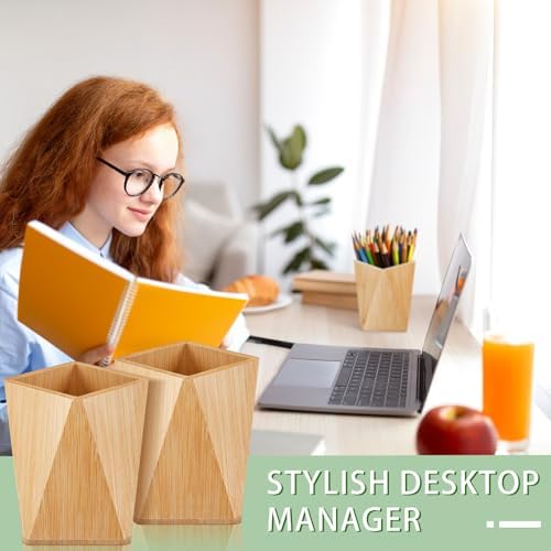 Henoyso 2 Pcs Bamboo Wood Pen Pencil Holder Geometric Pencil Cup Stand Makeup Organizer for Pen Holder Desk Home Office Adults(Bamboo) - Image 4