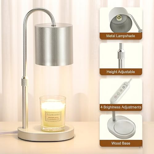 Dreamholder Electric Candle Warmer Lamp with Timer, Dimmable Candle Lamp with Adjustable Height, Wax Melter for Jar Candles Wood Base Floral Home Decor Gifts for Women Mom, Silver - Image 6
