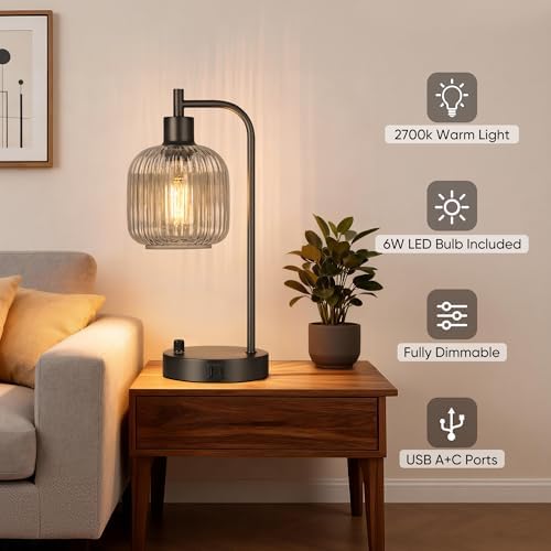 Grey Glass Table Lamps Set of 2, Dimmable Bedside Lamps for Living Room - Image 4