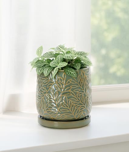 D'vine Dev Embossed Leaves Ceramic Planter, 4 in, Olive, 27-A-Z-0 - Image 2