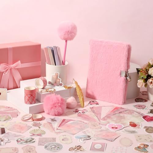 Janlaugh DIY Journal Diary with Lock Pack Scrapbook Kit, Pink, Plush - Image 6