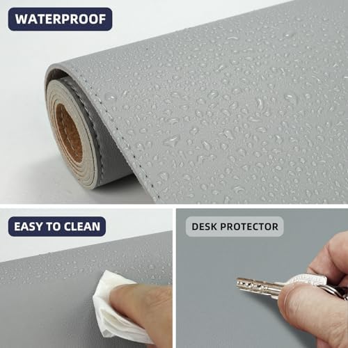AFIING Leather Desk Pad Protector, 47" x 17" Large Desk Mat with Natural Cork & PU Leather, Mouse Pad, Non-Slip, Waterproof Desk Writing Pad for Office and Home (Light Gray) - Image 4