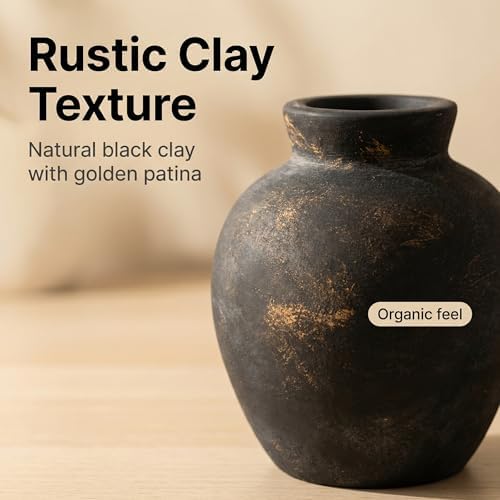 Rustic Terracotta Pot, Bronze Ceramic Flower Vase 6.1 Inch, Farmhouse Boho Centerpiece for Home Decor, Living Room, Table, Shelf, Mantel & Bathroom - Image 2
