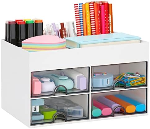 LETURE Desktop Organizer with Drawer, Accessories Stationary Organizer Desk Caddy, Pen/Pencil/Business Card/Sticky Note Tray/Paperclip Holder Storage Box (White) by LETURE