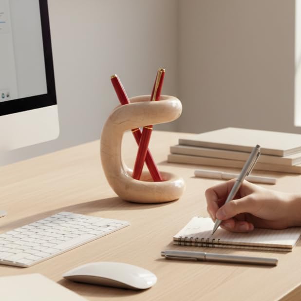Marble Pen Holder for Desk, 4 Inch Beige Pencil Holder - Image 4