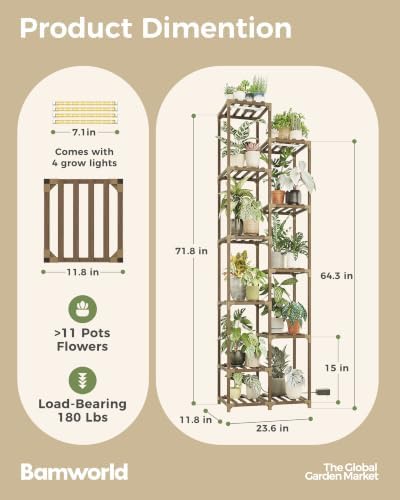 Bamworld Plant Stand with Grow Lights, 11 Tier Tall Large Wood Plant Shelf - Image 3