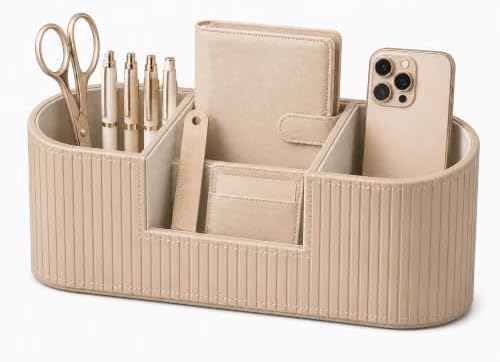 KINGFOM Aesthetic Desk Organizer for Women, Luxury Faux Leather Desk Accessories with 4 Compartments, Minimalist Vanity Organizer for Makeup Brushes, Beige Office Decor for Home, Bedroom & Workspace by KingfomLeatherHomeOfficeDecor