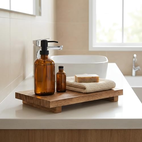 Wood Riser Tray, 12 x 7 Inch Decorative Rustic Bathroom Dishes, No Coating Rustic Farmhouse Wood Tray for Kitchen Counter, Wooden Tray Pedestal Stand, Counter Display Riser, for Plant Bottles Candles - Image 6