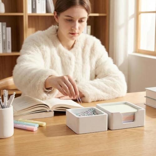 Concrete Desk Organizer Set of 2 - Minimalist Sticky Note Holder & Paper Clip Dispenser - Heavy Duty Office Desk Accessories with Non-Slip Base for Home Workspace Organizer & Desk Decor, White - Image 2