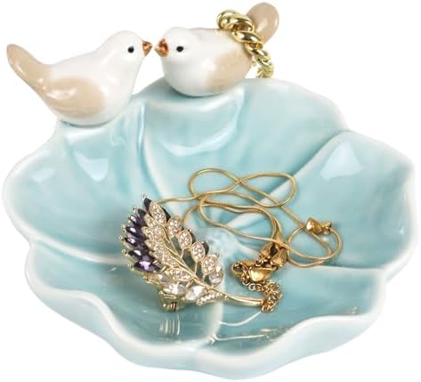 Fordonral Ceramic Jewelry Tray Trinket Dish Decorative Cute Bird & Lotus Leaf Ring Holder Dish Aesthetic Room Vanity Decor (Blue) by Fordonral