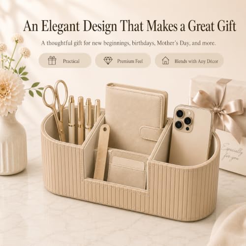 KINGFOM Aesthetic Desk Organizer for Women, Luxury Faux Leather Desk Accessories with 4 Compartments, Minimalist Vanity Organizer for Makeup Brushes, Beige Office Decor for Home, Bedroom & Workspace - Image 7
