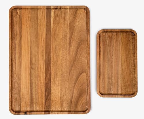 Acacia Rectangle Wooden Tray - 2 Sizes 16" X 12" and 10" X 6" - Food Safe Serving Tray - Large & Small Wooden Trays Combination - Durable Wood Display Tray for Coffee Party or Home Decor by Unknown
