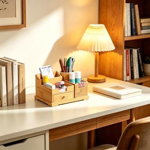 Bamboo Desk Organizer with Drawer & Pen Holder, Office Desk Caddy Storage - Image 5
