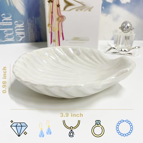 Ring Dish Shell Shape Ceramic Jewelry Dish Tray, Decorative Trinket Dish Organizing Rings Earrings Necklaces Keys, Mothers Day Christmas Birthday Gifts for Women, 3.9", White Iridescent Surface - Image 2