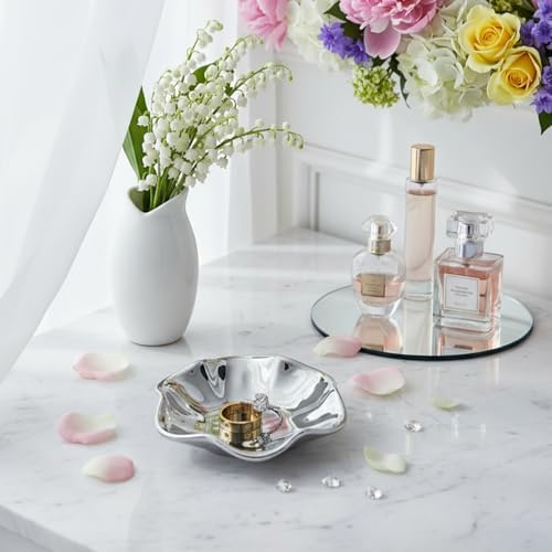 Small Flower Ring Dish Jewelry Tray Organizer, Shiny Silver - Image 6