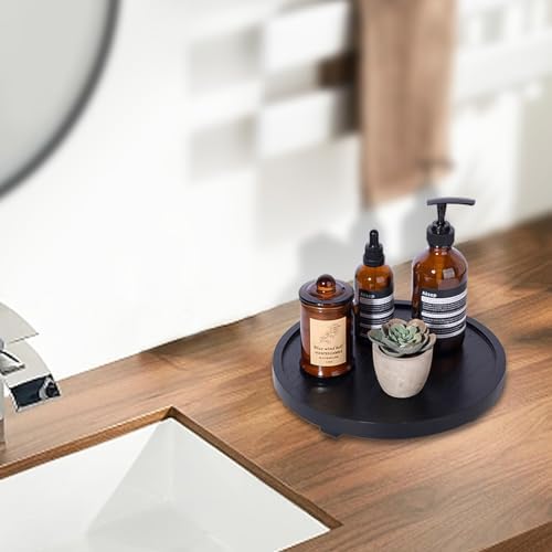 Round Decorative Tray Wood Bathroom Counter Organizer Farmhouse Kitchen Decor Wooden Riser for Soap Dish, Perfume, Candle, Sponge, 10" - Black - Image 7