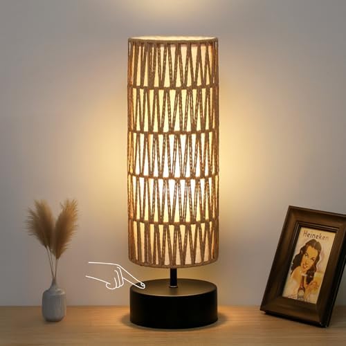 Rattan Table Lamp, Touch Control Bedside Table Lamp with Black Base, 3 Way Dimmable Nightstand Lamp with Dual-layer Shade, Boho Night Light for Bedroom Living Room Home Office, 9W LED Bulb Included by Seasidevillage