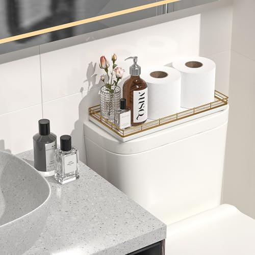 Bathroom Toilet Tank Tray, 13" Wood Toilet Paper Storage Basket Tray Back of Toilet Basket Organizer,Vanity Tray for Perfume Makeup Candle Decor, Gold & White - Image 4