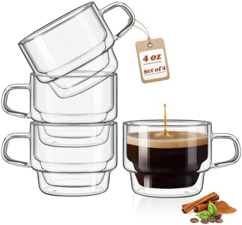 glastal Stackable Glass Cups 4 oz Espresso Cups Double Walled Set of 4 by glastal