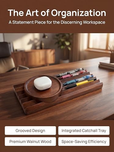 Horizontal Pen Holder for Desk, Walnut Pen Holder with 5 Compartments,Pen Tray Office Accessory, Teacher Gifts, Suitable for School, Home,Pen Tray for Desk (Walnut) - Image 2