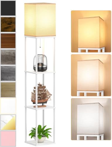 Floor Lamp with Shelves for Living Room White, Shelf Floor Lamp with 3 CCT LED Bulb, Corner Display Standing Column Lamp Etagere Organizer Tower Nightstand with White Linen Shade for Bedroom, Office by PARTPHONER